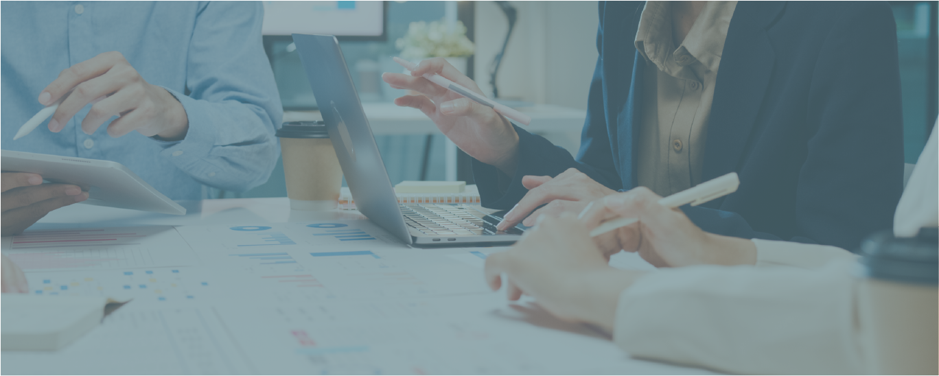 Businesspeople brainstorming some new ideas about project to partner with blue overlay